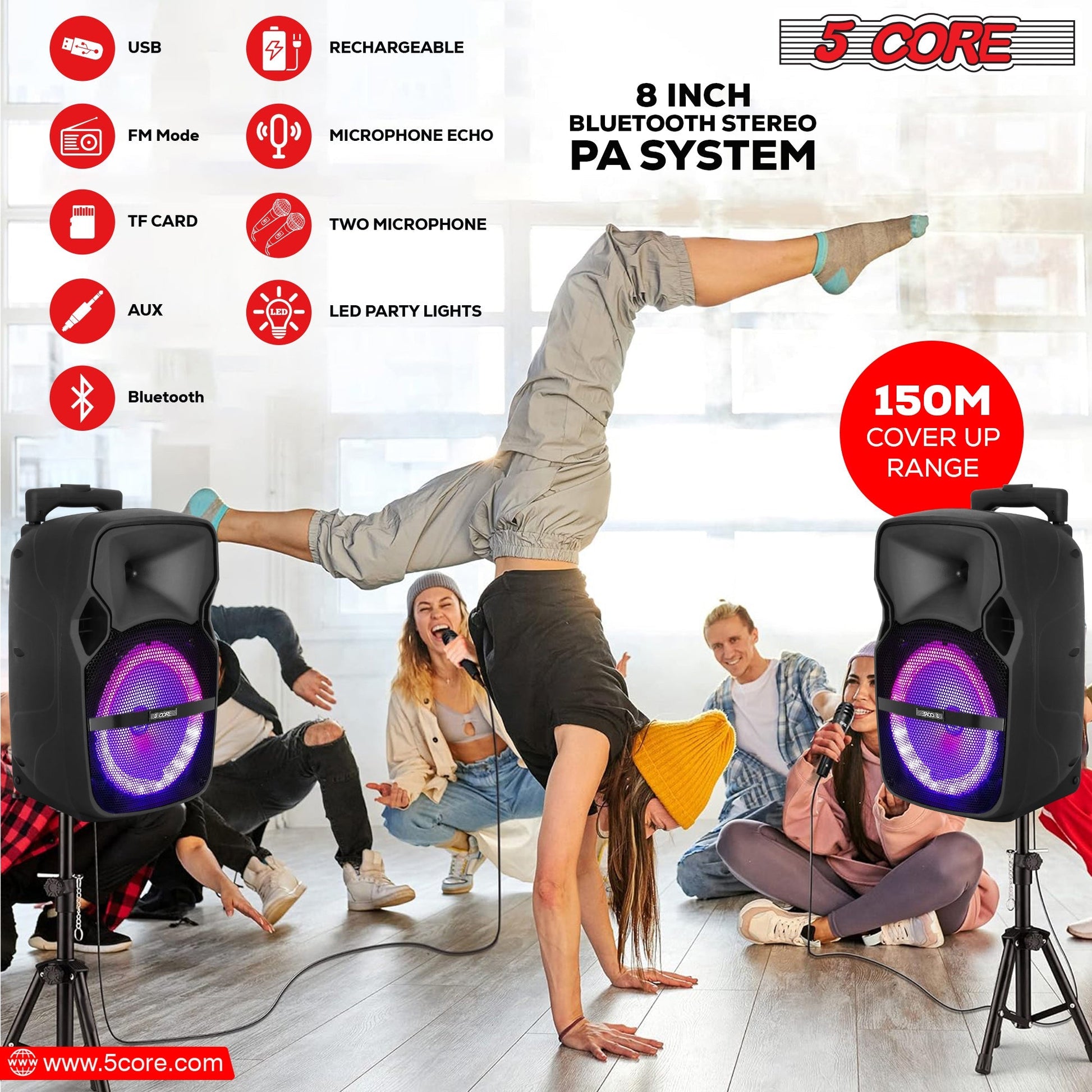 5 Core DJ Speakers 8" Rechargeable Powered PA System 250W Loud Speaker - Active Home 8 2-MIC-4