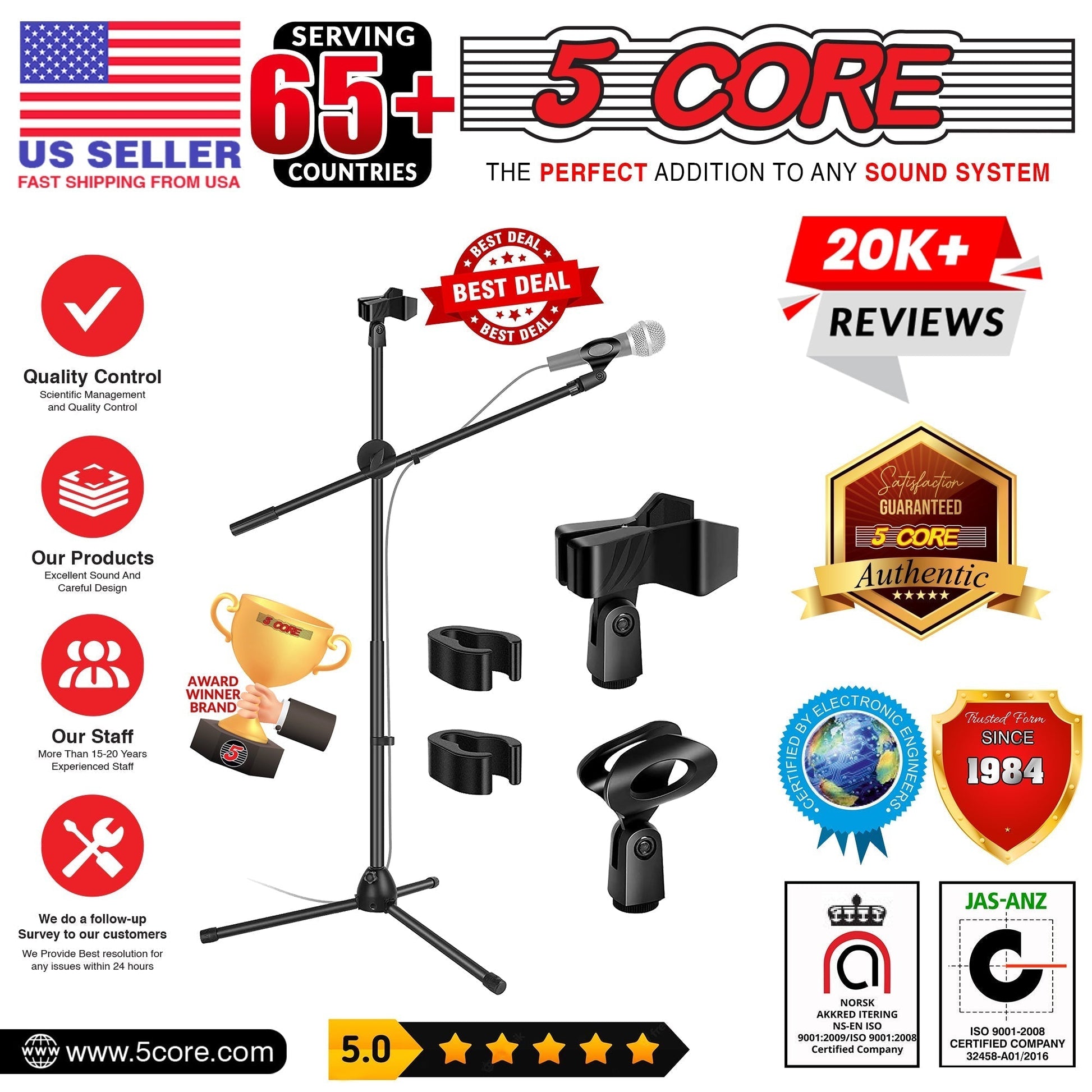 5 Core Tripod Mic Stand 6Pcs 59" Adjustable Microphone Stands Holder Floor w Boom Arm-9