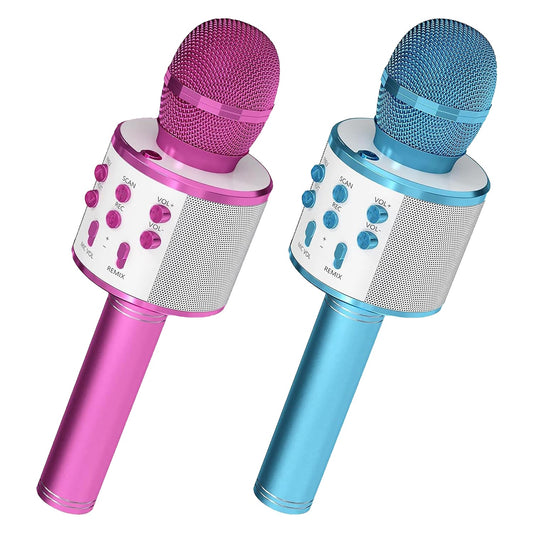 5 Core Karaoke Wireless Microphones Microfono Inalambrico Toy w Stereo Speaker SD Card & USB Playback 2Pcs Pink & Blue-0