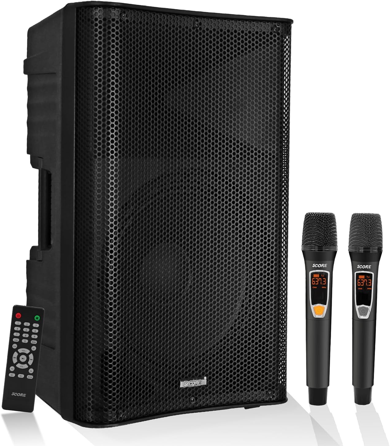 5 Core 12 Inch Professional 3000W Powered PA System Pair 2 Way TWS Bluetooth Speaker +4 Wireless UHF Mics +2 Stand +2 Bags XLR in/Out Active Preamp Outdoor Sound Set for DJ Party-0