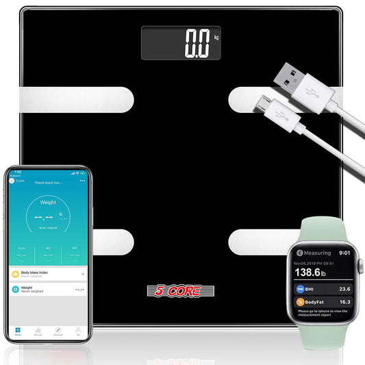 5 Core Rechargeable Smart Digital Bathroom Weighing Scale with Body Fat and Water Weight for People, Bluetooth BMI Electronic Body Analyzer Machine, 400 lbs. BBS HL R BLK-0