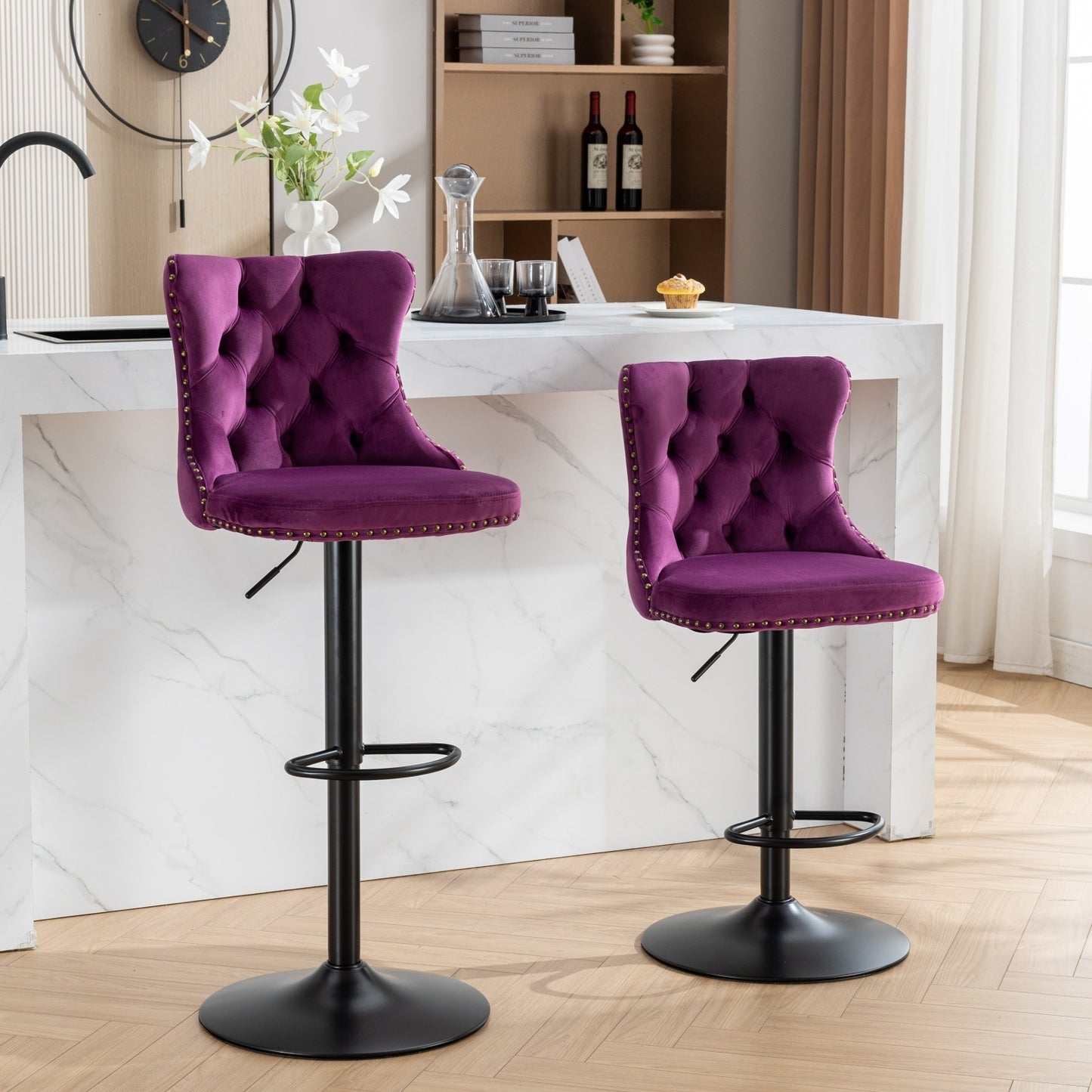 Swivel Velvet Barstools Adjusatble Seat Height from 25-33 Inch,17.7inch base, Modern Upholstered Bar Stools with Backs Comfortable Tufted for Home Pub and Kitchen Island,Purple,Set of 2,SW1812PP