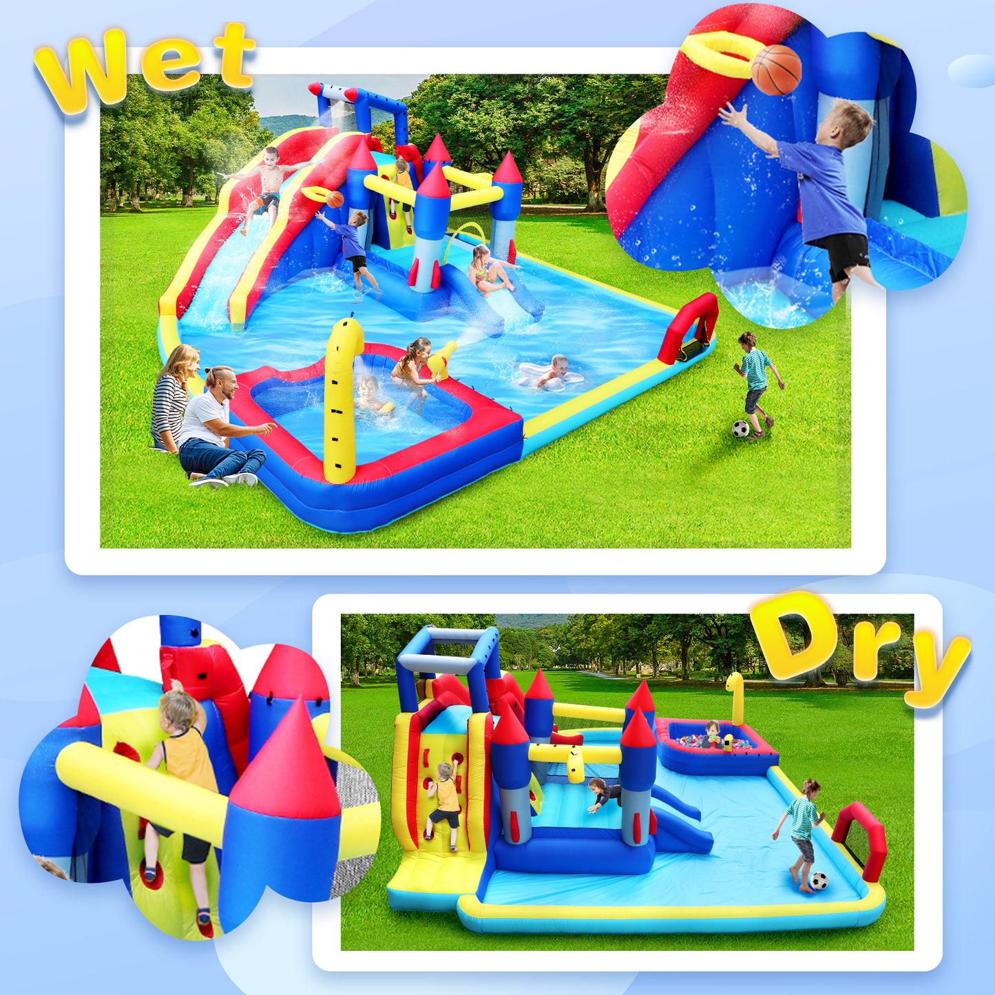 10 in1 Inflatable slide water park  bouncing house garden with splash pool & water gun & basketball & climbing wall & dual pools & soccer