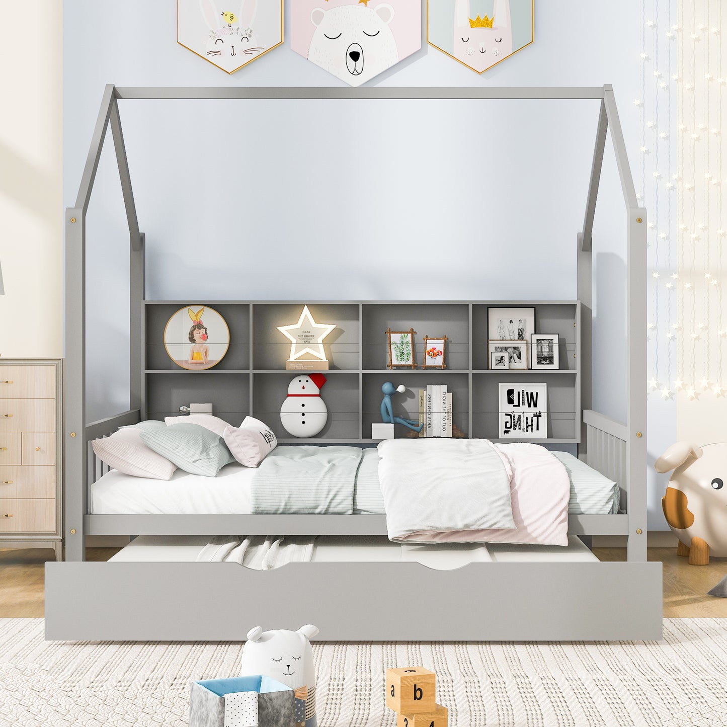 Wooden Full Size House Bed with Trundle,Kids Bed with Shelf, Gray