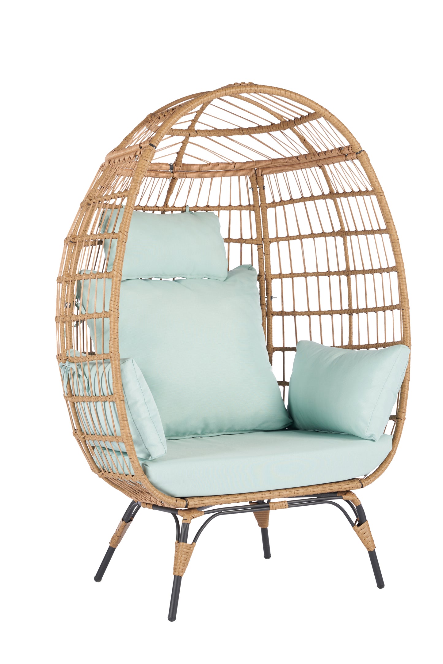 Wicker Egg Chair, Oversized Indoor Outdoor Lounger for Patio, Backyard, Living Room w/ 5 Cushions, Steel Frame,  - Light Blue