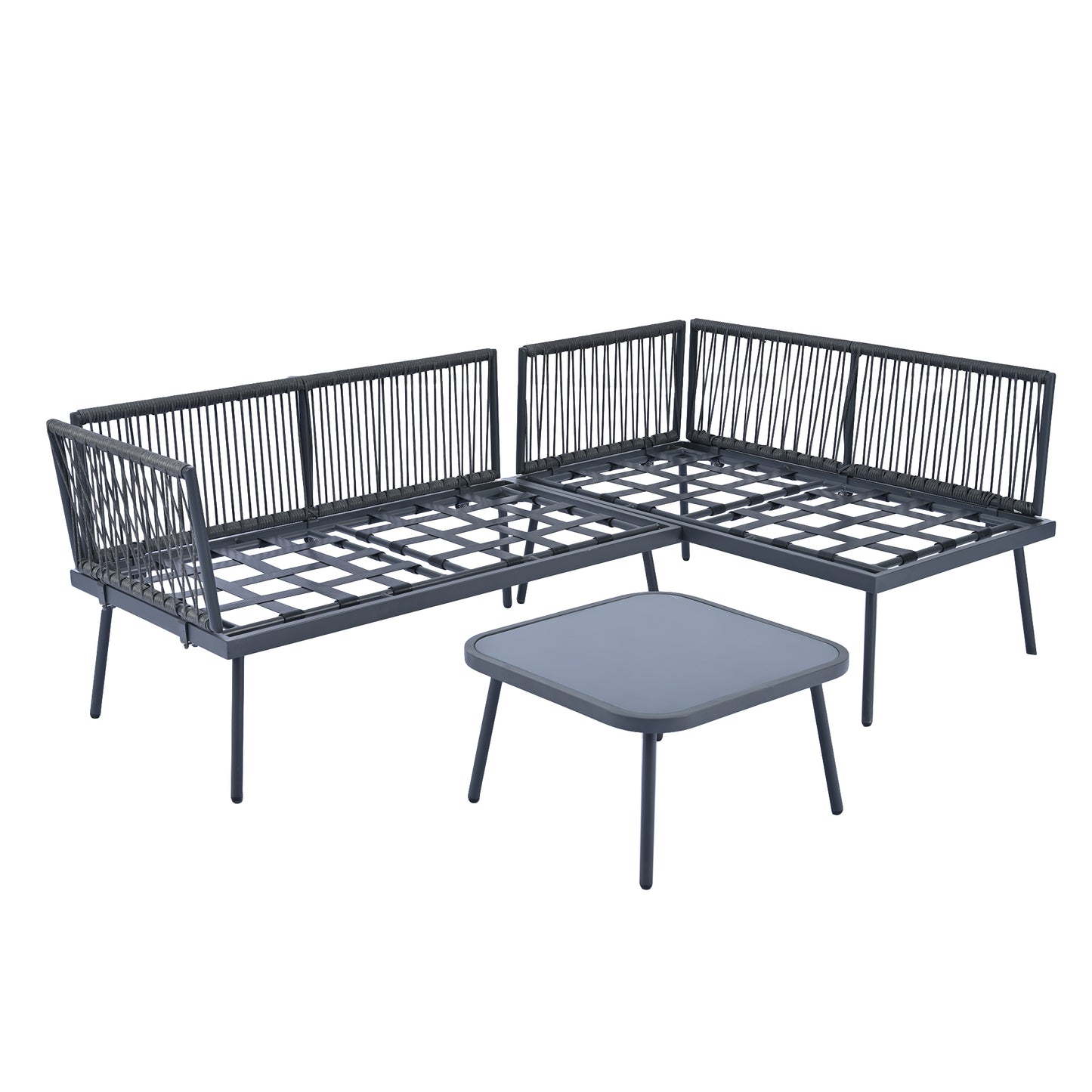 TOPMAX Modern Outdoor 3-Piece PE Rattan Sofa Set All Weather Patio Metal Sectional Furniture Set with Cushions and Glass Table for Backyard, Poolside, Garden, Gray,L-Shaped