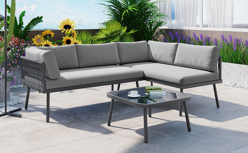 TOPMAX Modern Outdoor 3-Piece PE Rattan Sofa Set All Weather Patio Metal Sectional Furniture Set with Cushions and Glass Table for Backyard, Poolside, Garden, Gray,L-Shaped