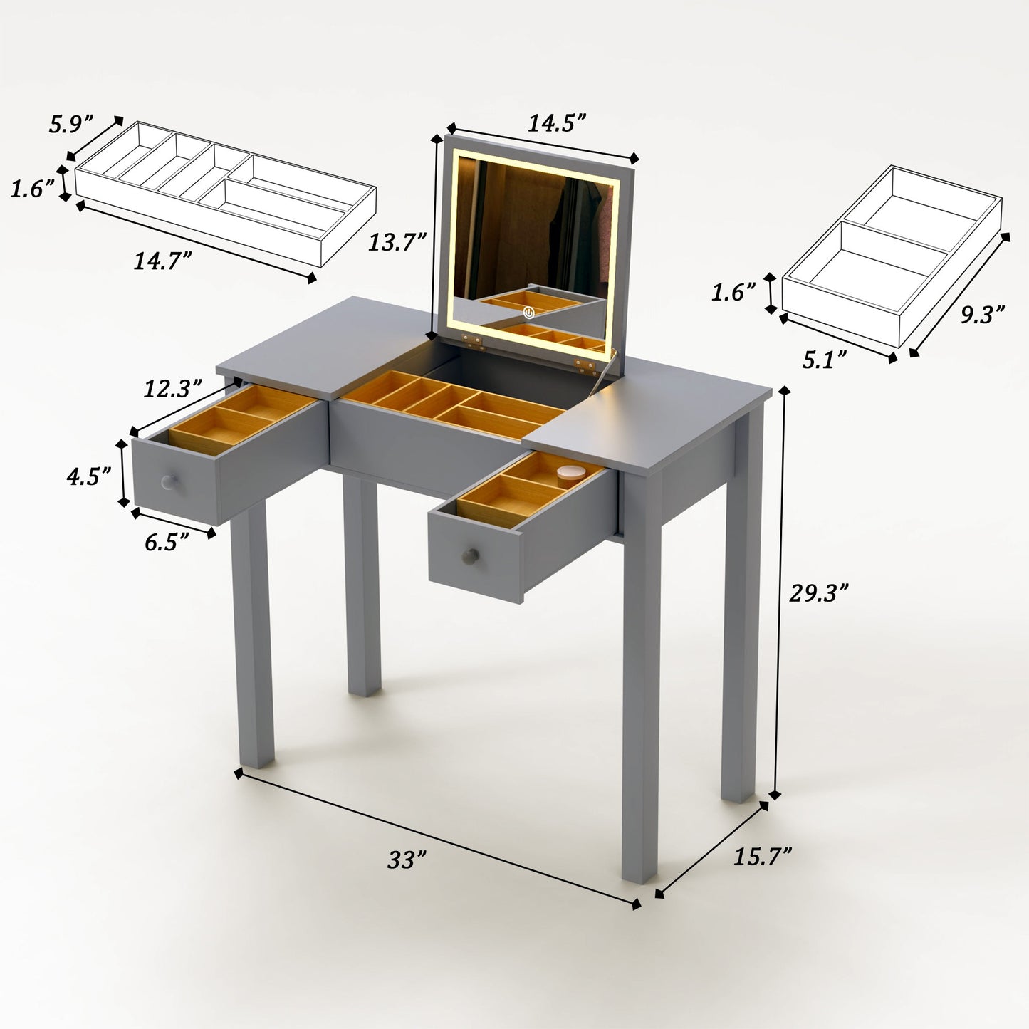 Sleek Grey Vanity Table with LED Lights, Flip-Top Mirror and 2 Drawers, Jewelry Storage for Women Dressing