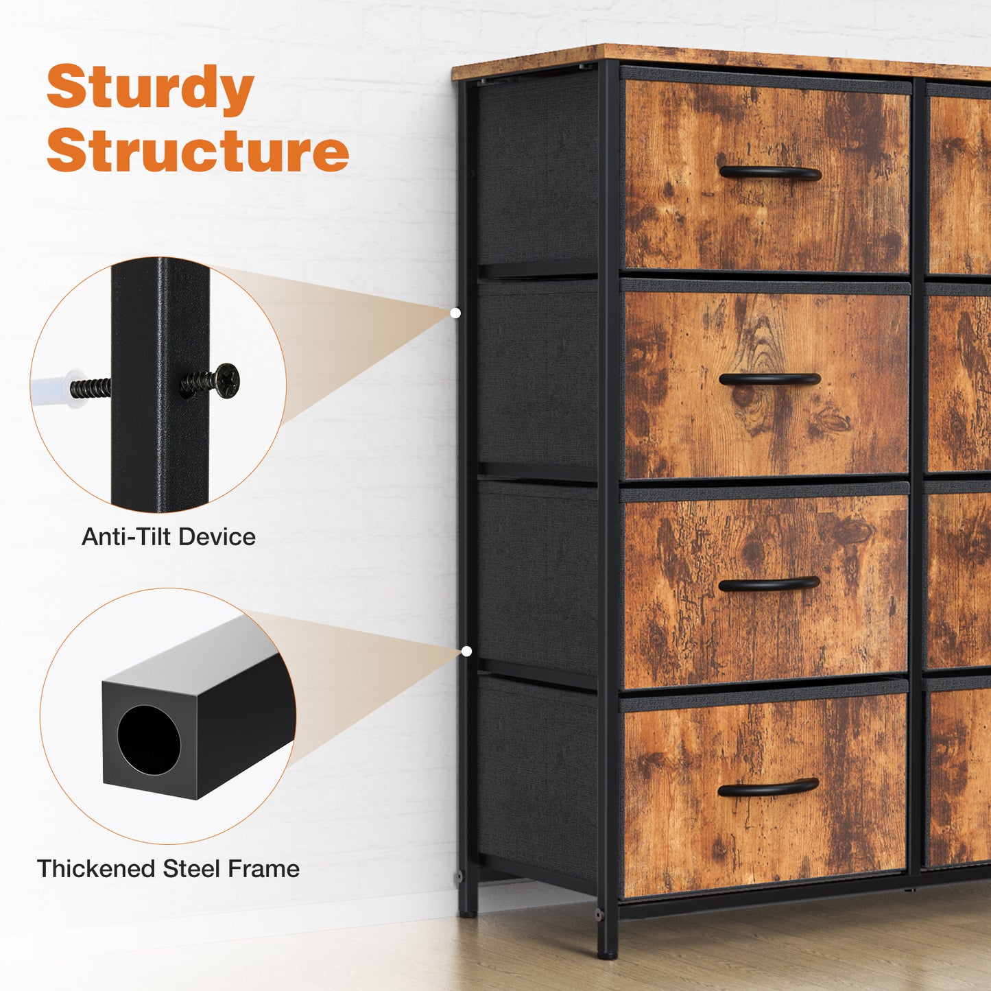 Sweetcrispy Dresser for Bedroom with 8 Drawers Tall Dresser & Chest of Drawers Fabric Dresser with Wood Top and Sturdy Steel Frame