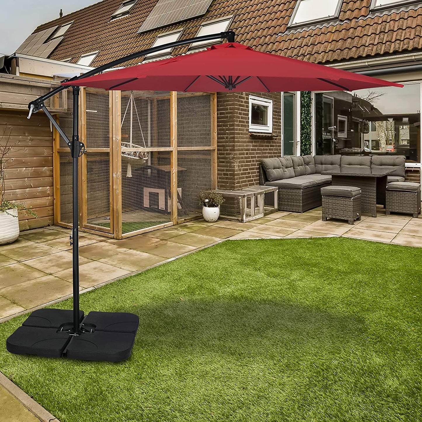 10ft Offset Umbrella Cantilever Patio Hanging Umbrella Outdoor Market Umbrella with Crank & Cross Base Suitable for Garden, Lawn, backyard and Deck, Red