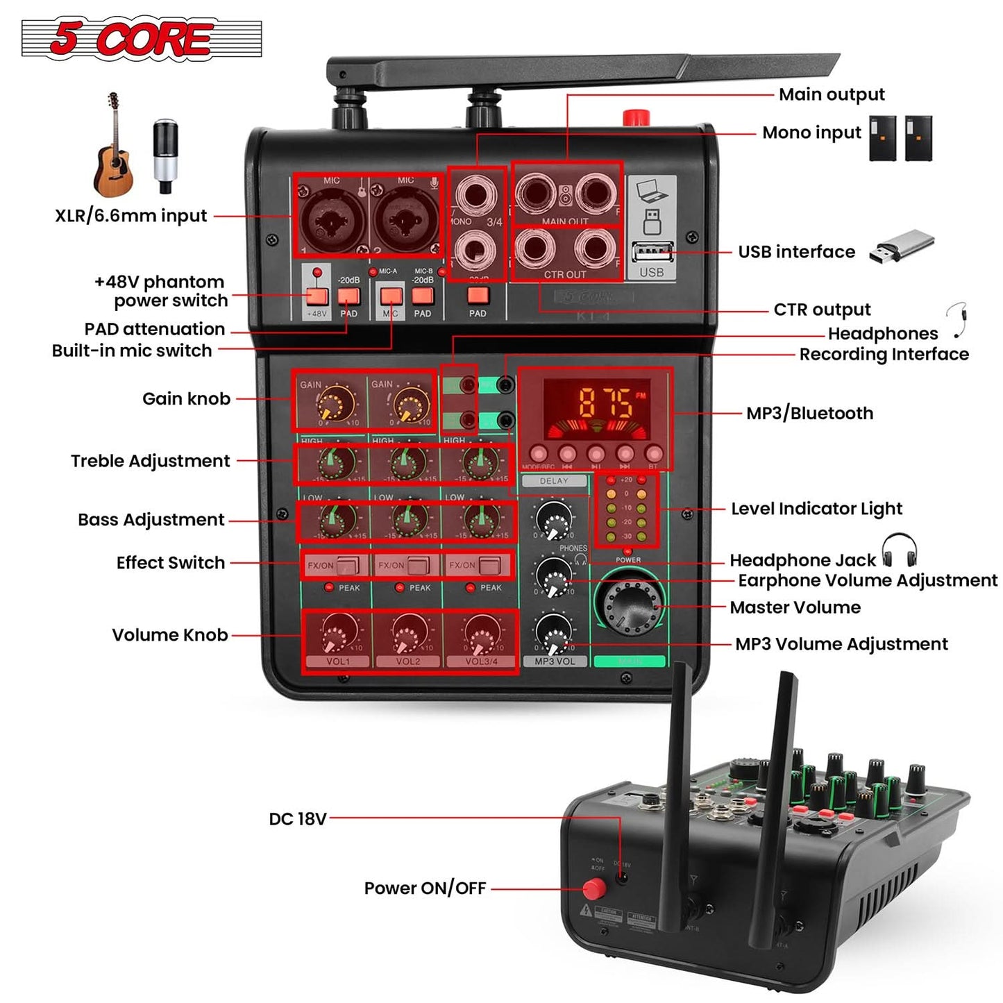 5Core Audio Mixer Sound Board 4 Channel PA DJ Stereo Receiver w Bluetooth USB DJ  PA Karaoke Mixing GOLD-4