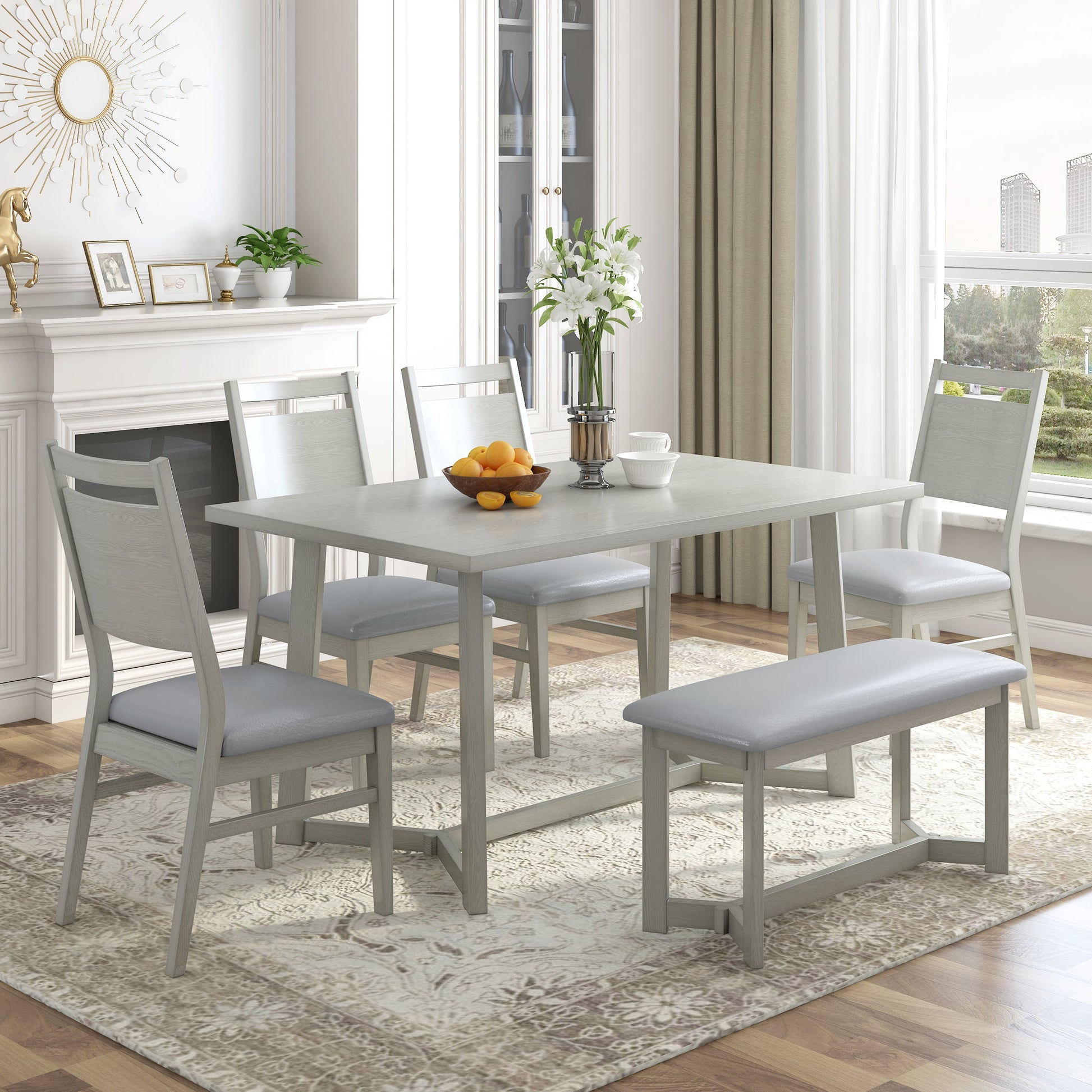 TOPMAX Farmhouse 6-Piece Wood Dining Table Set with 4 Upholstered Chairs and Bench, Gray