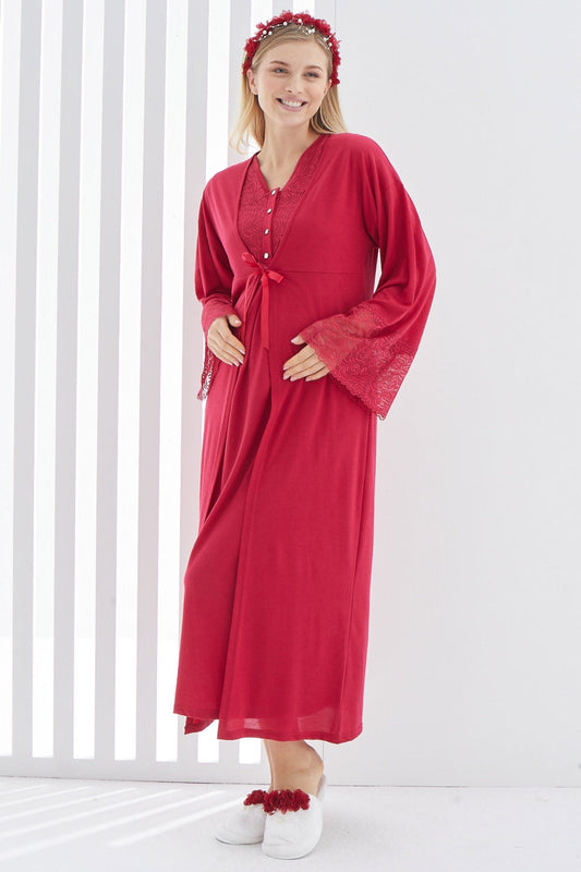 Shopymommy 2269 Maternity & Nursing Nightgown With Lace Flywheel Arm Robe Red-0