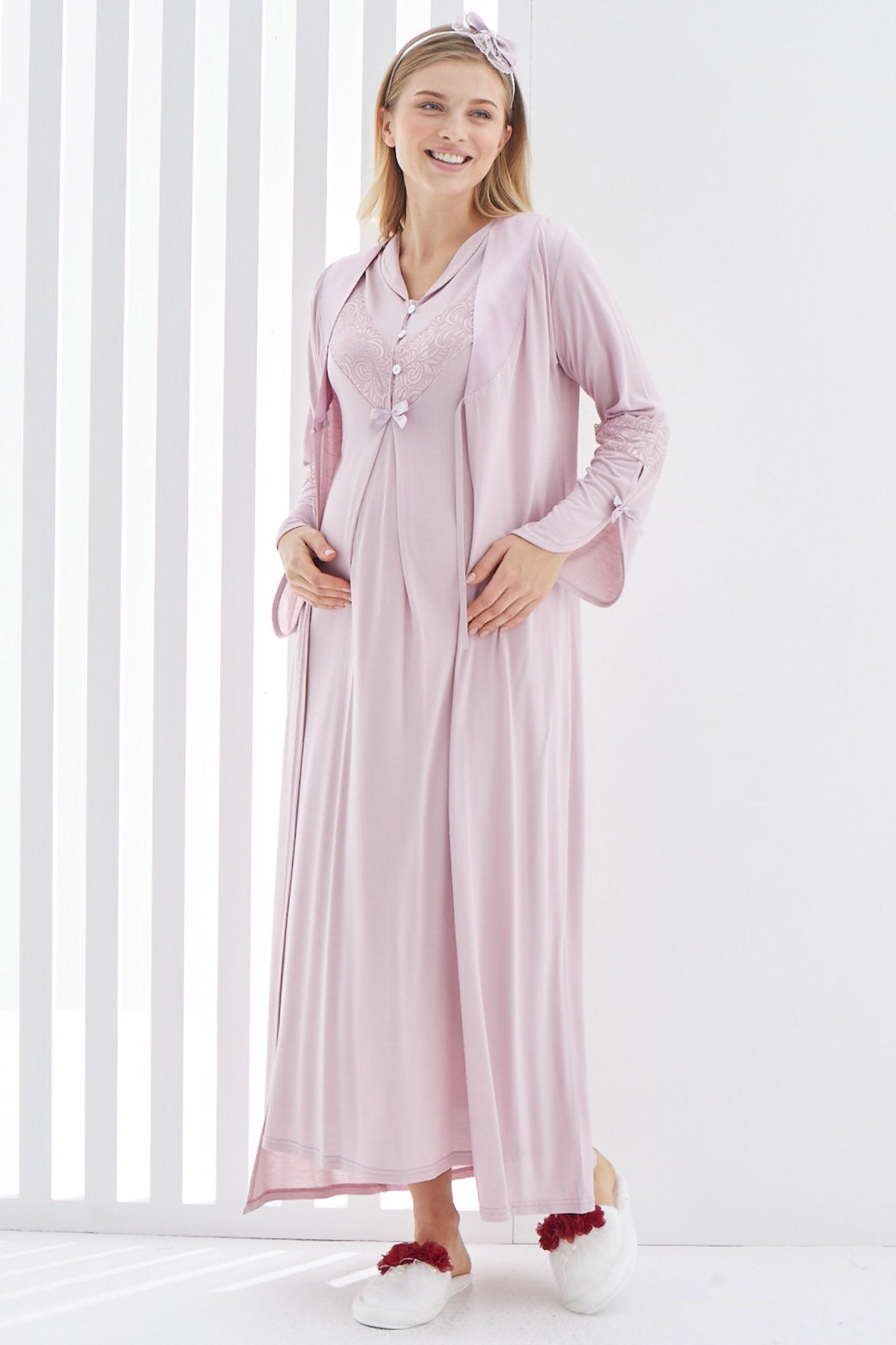 Shopymommy 2268 Guipure V-Neck Maternity & Nursing Nightgown With Robe Dried Rose-0