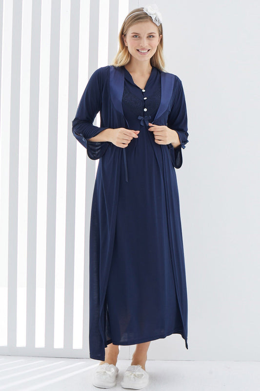 Shopymommy 2268 Guipure V-Neck Maternity & Nursing Nightgown With Robe Navy Blue-0