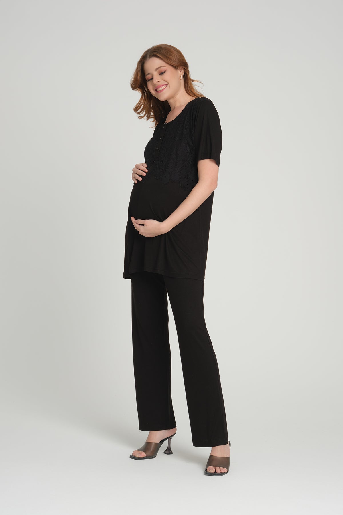 Shopymommy 208 3-Pieces Maternity & Nursing Pajamas With Lace Sleeve Robe Black-1