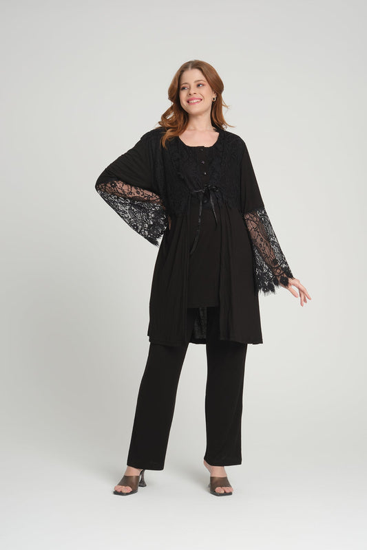 Shopymommy 208 3-Pieces Maternity & Nursing Pajamas With Lace Sleeve Robe Black-0
