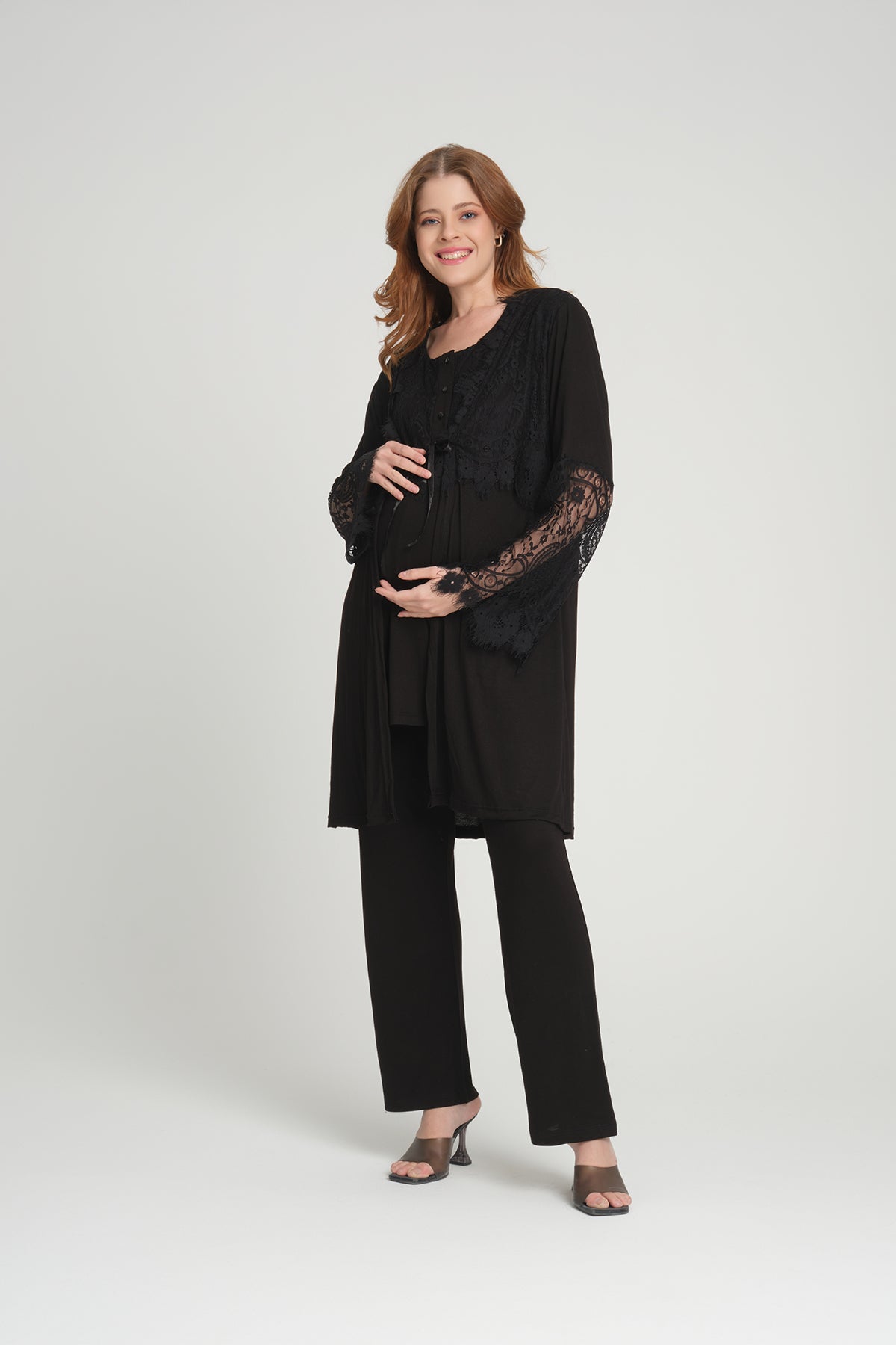 Shopymommy 208 3-Pieces Maternity & Nursing Pajamas With Lace Sleeve Robe Black-2