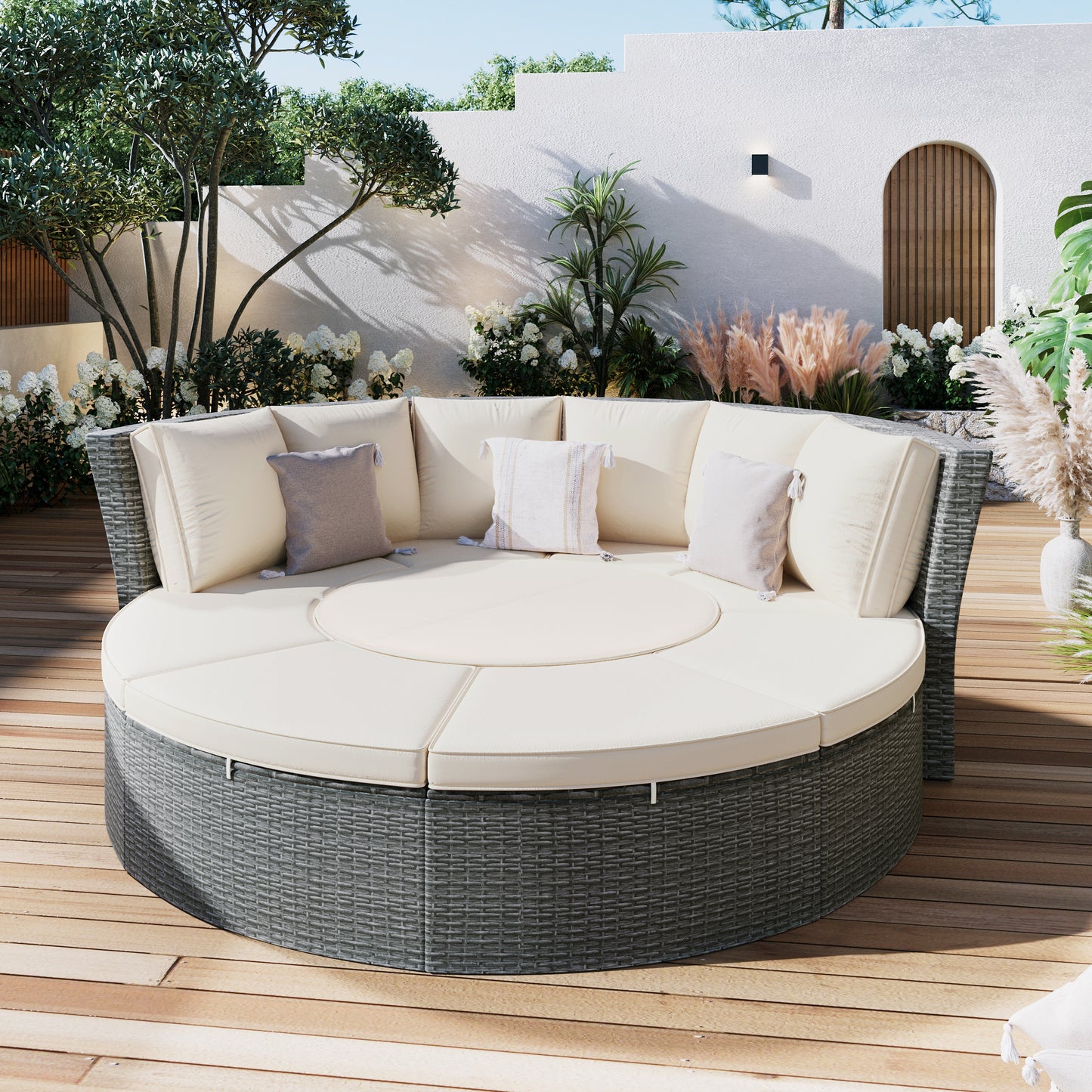 TOPMAX Patio 5-Piece Round Rattan Sectional Sofa Set All-Weather PE Wicker Sunbed Daybed with Round Liftable Table and Washable Cushions for Outdoor Backyard Poolside, Beige