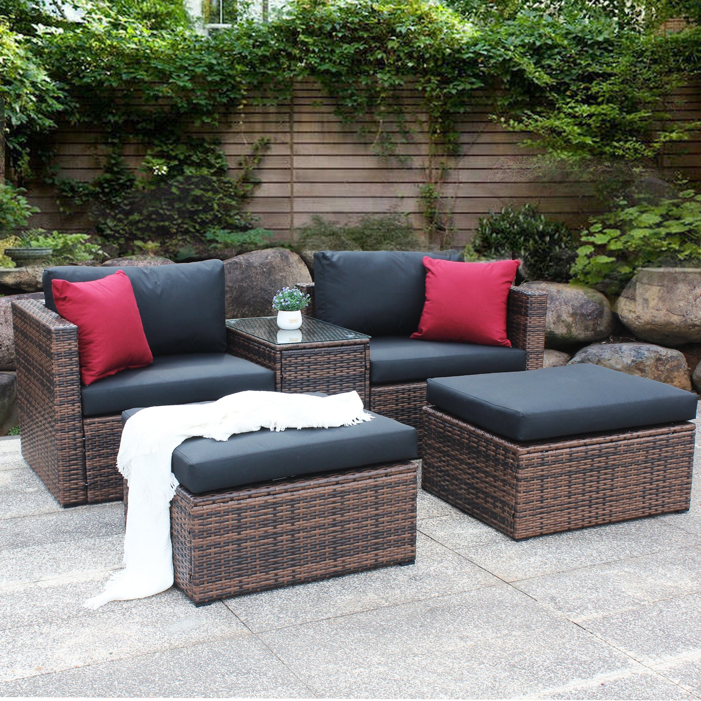 Updated 5 Pieces Outdoor Patio Garden Brown Wicker Sectional Conversation Sofa Set with Black Cushions and Red Pillows,w/ Furniture Protection Cover