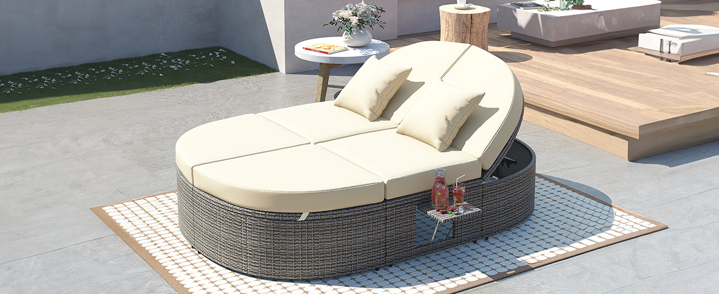 TOPMAX Outdoor Sun Bed Patio 2-Person Daybed with Cushions and Pillows, Rattan Garden Reclining Chaise Lounge with Adjustable Backrests and Foldable Cup Trays for Lawn, Poolside, Beige