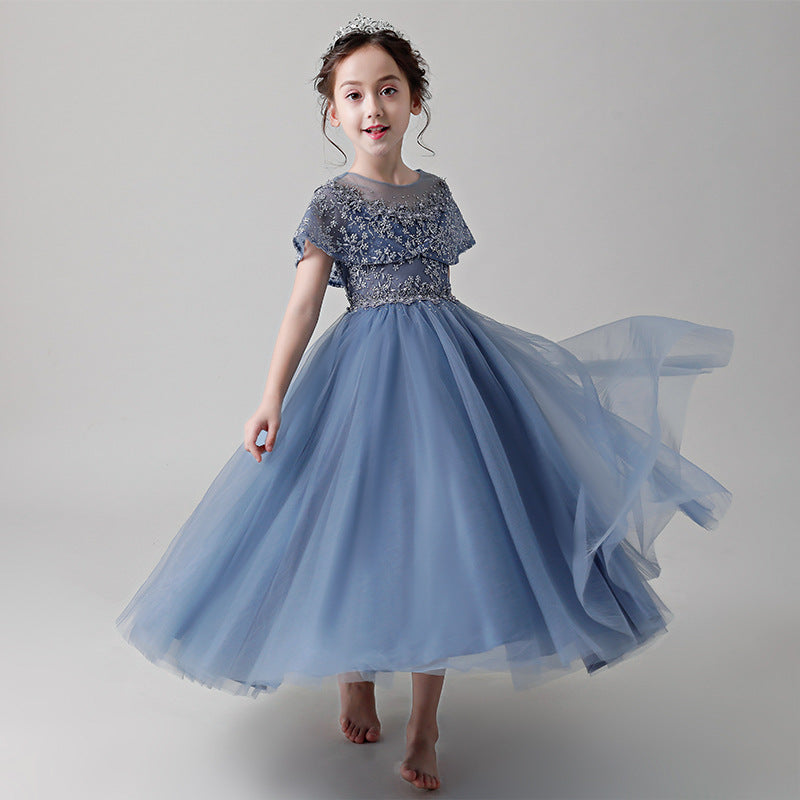 Color: Blue long, Size: 160cm - Children's dress 2021 new puffy yarn piano costume host