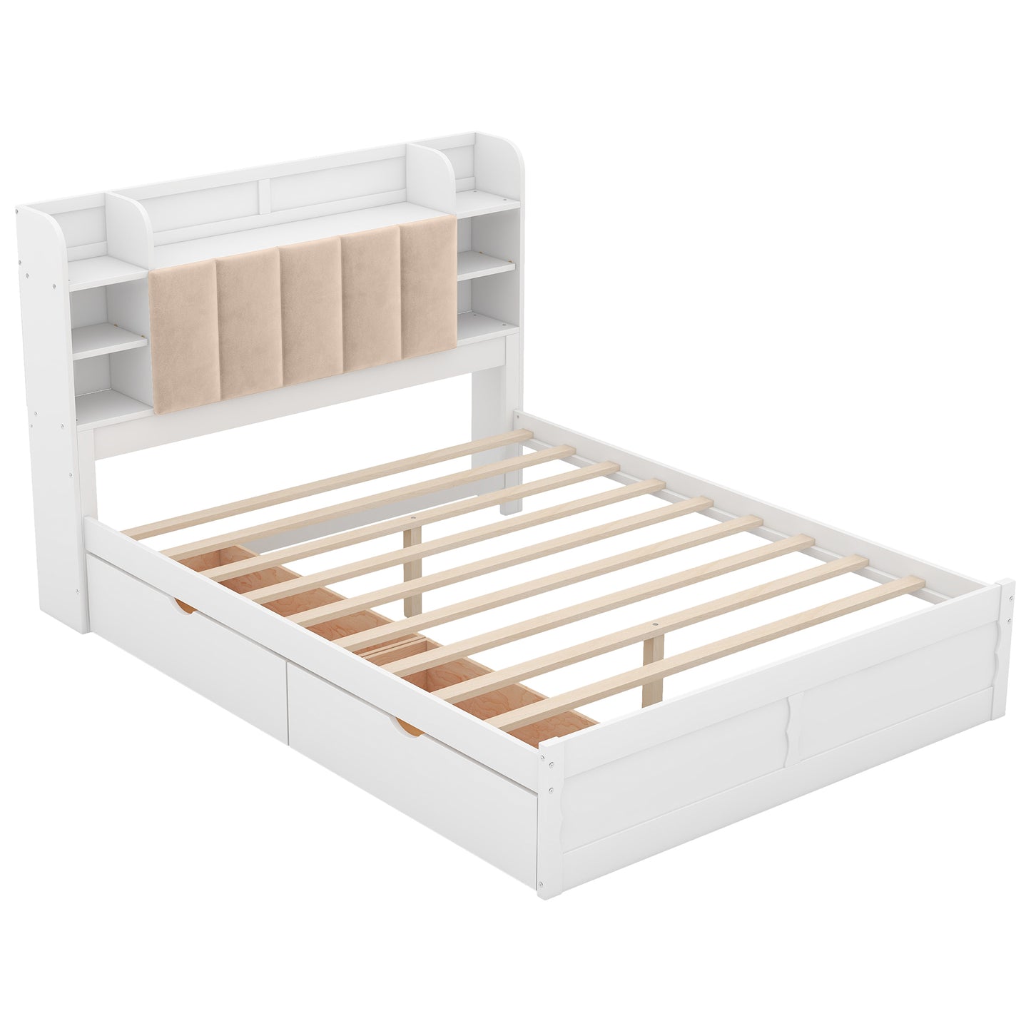 Wood Queen Size Platform Bed with Storage Headboard, Shelves and 2 Drawers, White