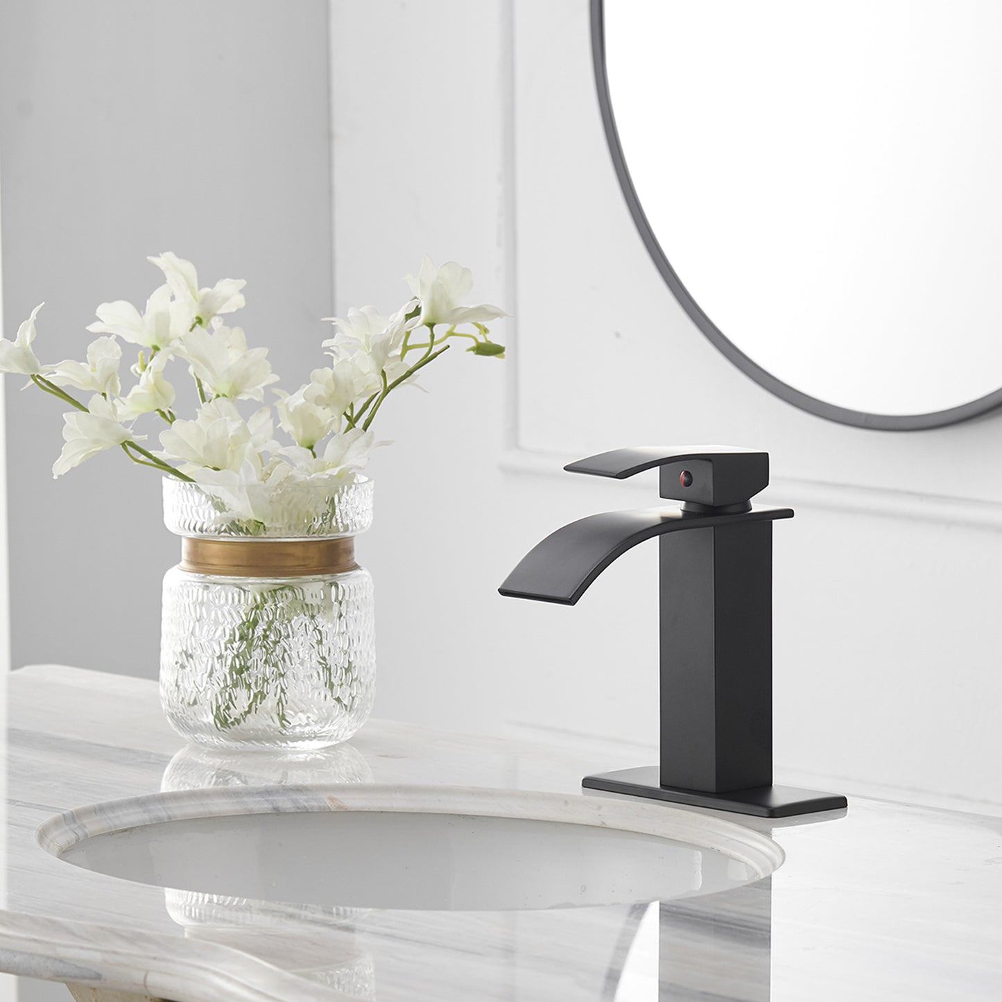 Waterfall Single Hole Single-Handle Low-Arc Bathroom Faucet With Supply Line in Matte Black