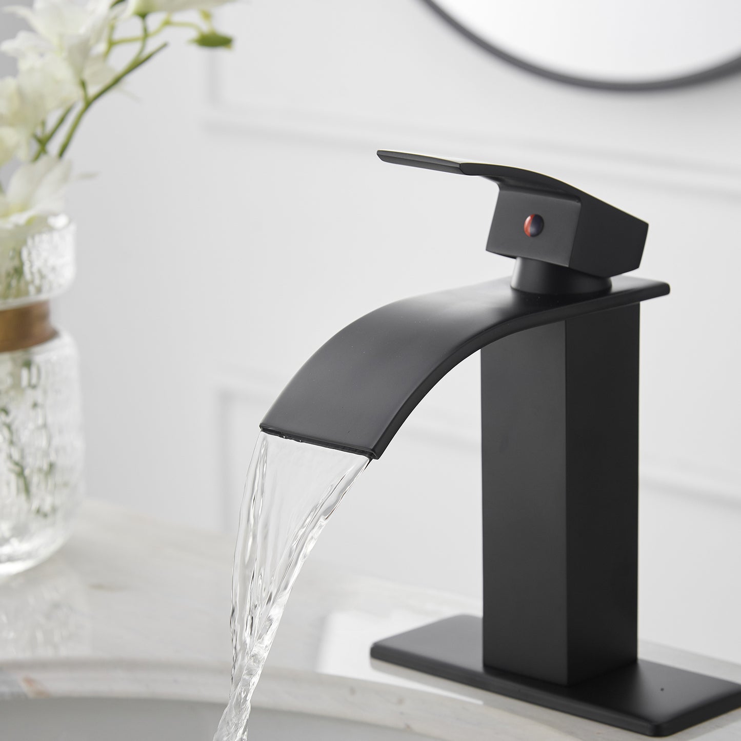 Waterfall Single Hole Single-Handle Low-Arc Bathroom Faucet With Supply Line in Matte Black