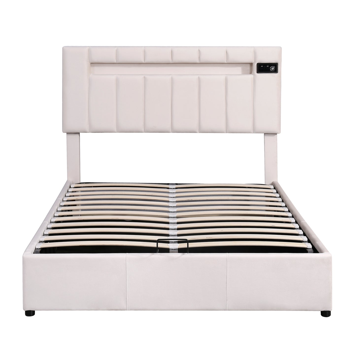 Upholstered Bed Full Size with LED light, Bluetooth Player and USB Charging, Hydraulic Storage Bed in Beige Velvet Fabric