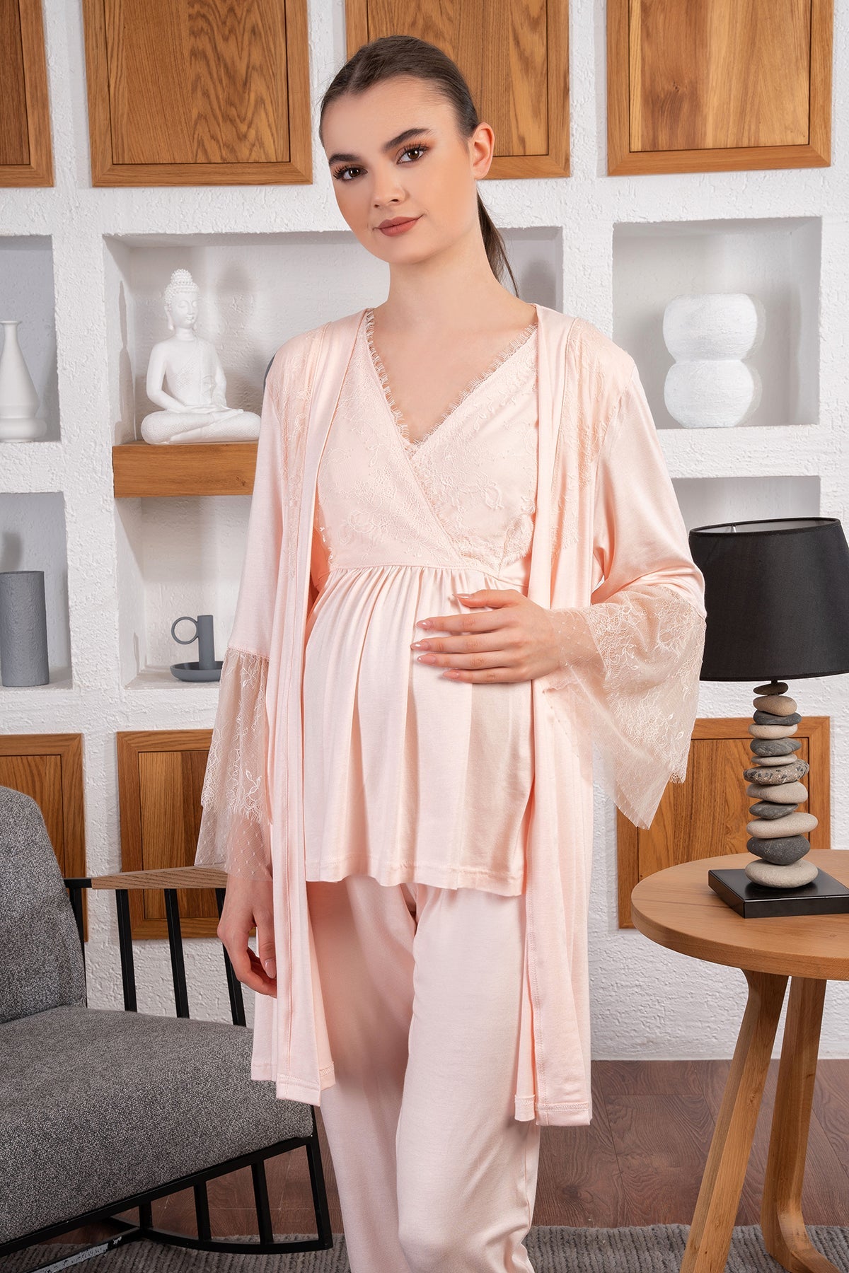 Shopymommy 24519 Double Breasted 3-Pieces Maternity & Nursing Pajamas With Tulle Lace Sleeve Robe Powder-0