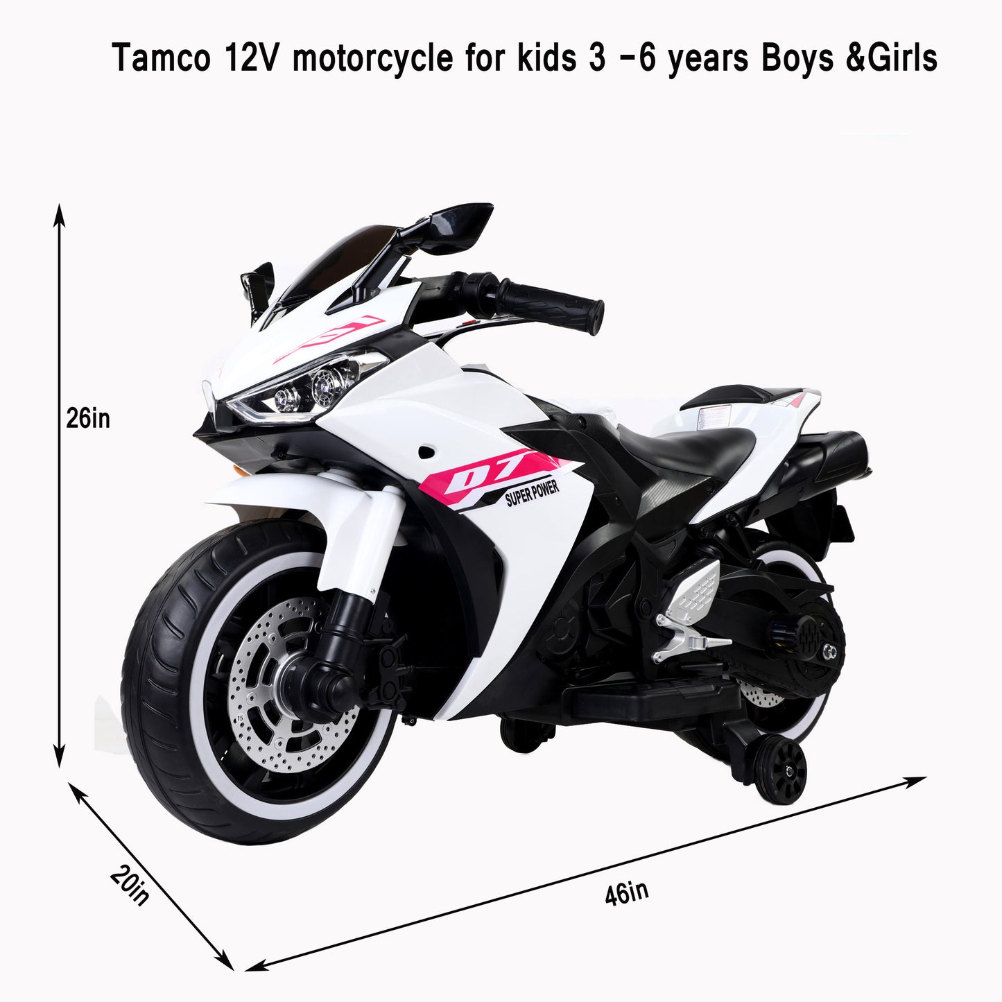 Tamco Electric motorcycle/ 12V Kids toys motorcycle/Kids electric car/electric ride on toys  for  3 4 5 6 years Boys Girls with Training  Wheels/manual throttle/ drive by hand/Lightting  wheels