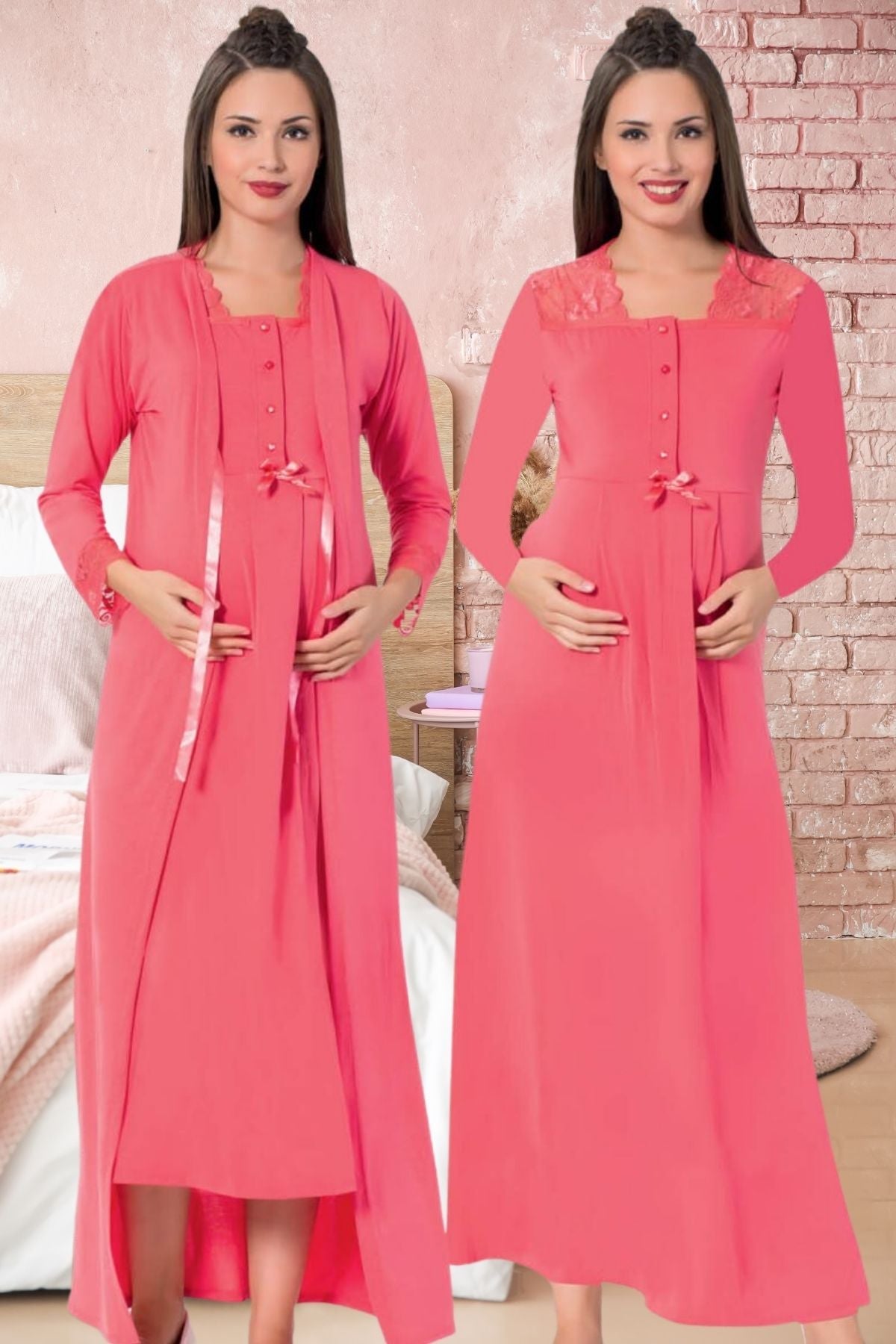 Shopymommy 26578 Lace Collar Maternity & Nursing Nightgown With Robe Pink-0