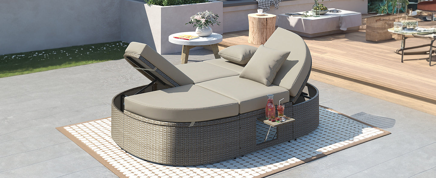 TOPMAX Outdoor Sun Bed Patio 2-Person Daybed with Cushions and Pillows, Rattan Garden Reclining Chaise Lounge with Adjustable Backrests and Foldable Cup Trays for Lawn,Poolside, Gray