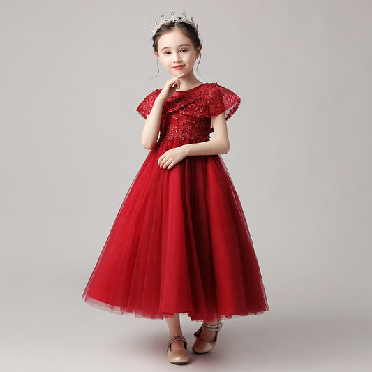 Color: Red, Size: 160cm - Children's dress 2021 new puffy yarn piano costume host