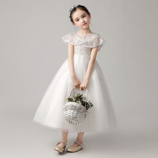 Color: White long, Size: 90cm - Children's dress 2021 new puffy yarn piano costume host