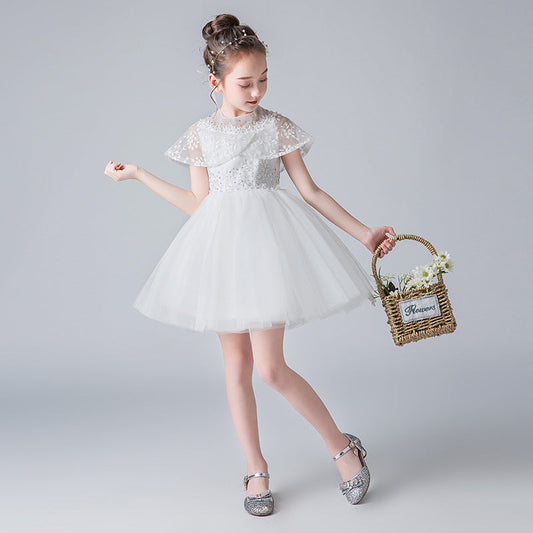 Color: White short, Size: 110cm - Children's dress 2021 new puffy yarn piano costume host