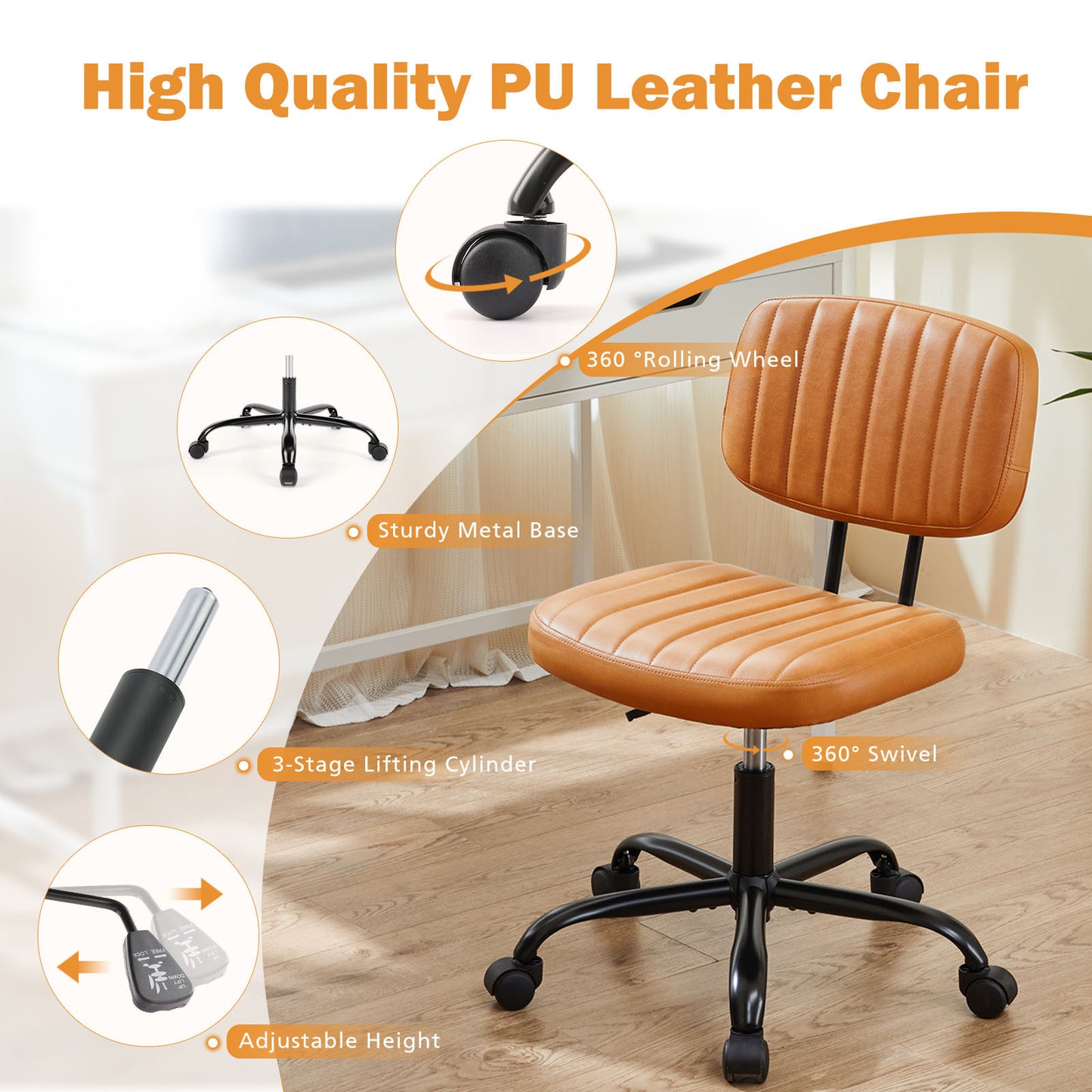 SWEETCRISPY PU Leather Low Back Task Chair Small Home Office Chair with Wheels