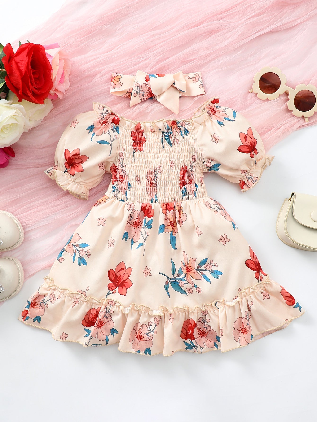 Baby Girl Floral Smocked Frill Trim Dress