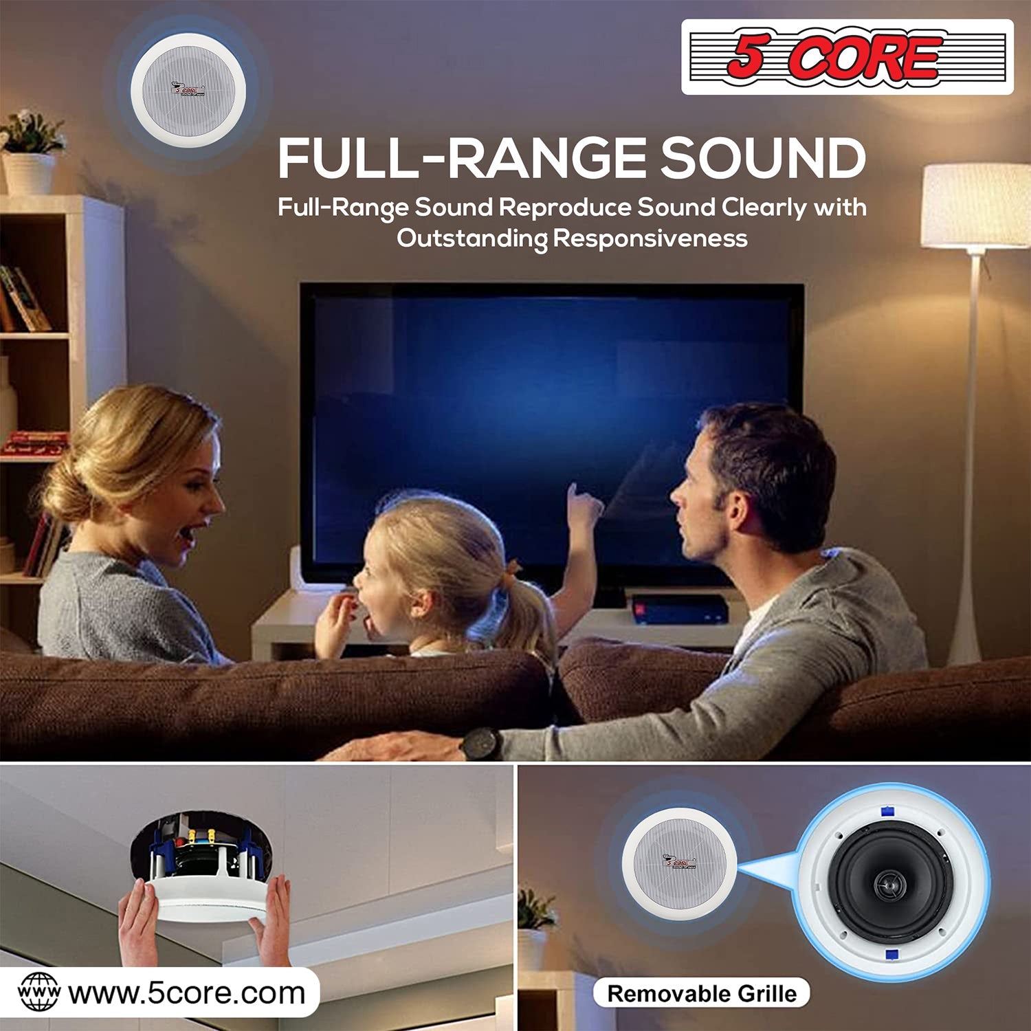 5 Core 6.5 inch Ceiling Speaker 60W Peak 2-Way Home Audio In Wall Speakers w Tweeter-4