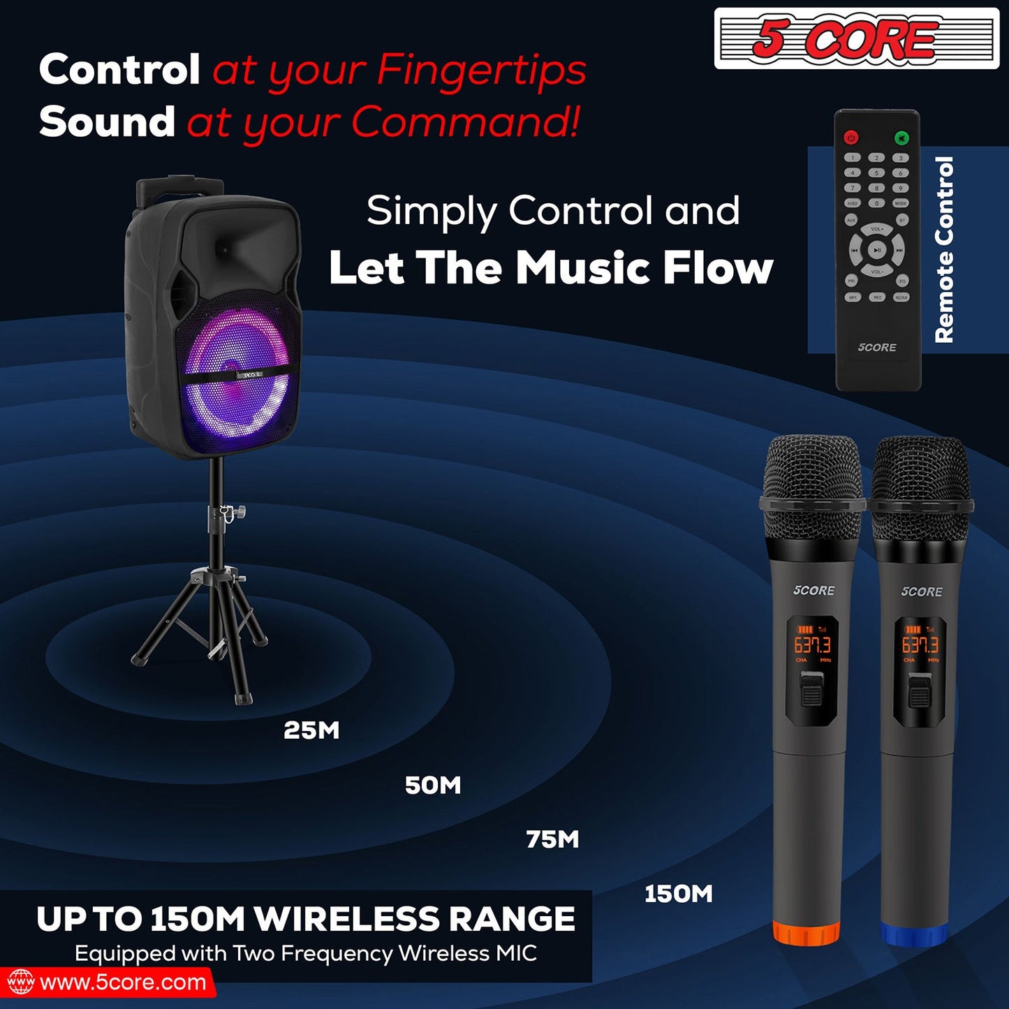 5Core 10 Inch PA Monitor DJ Speaker Bluetooth 400W  Portable Audio System + 2 UHF Wireless Microphones Black-3