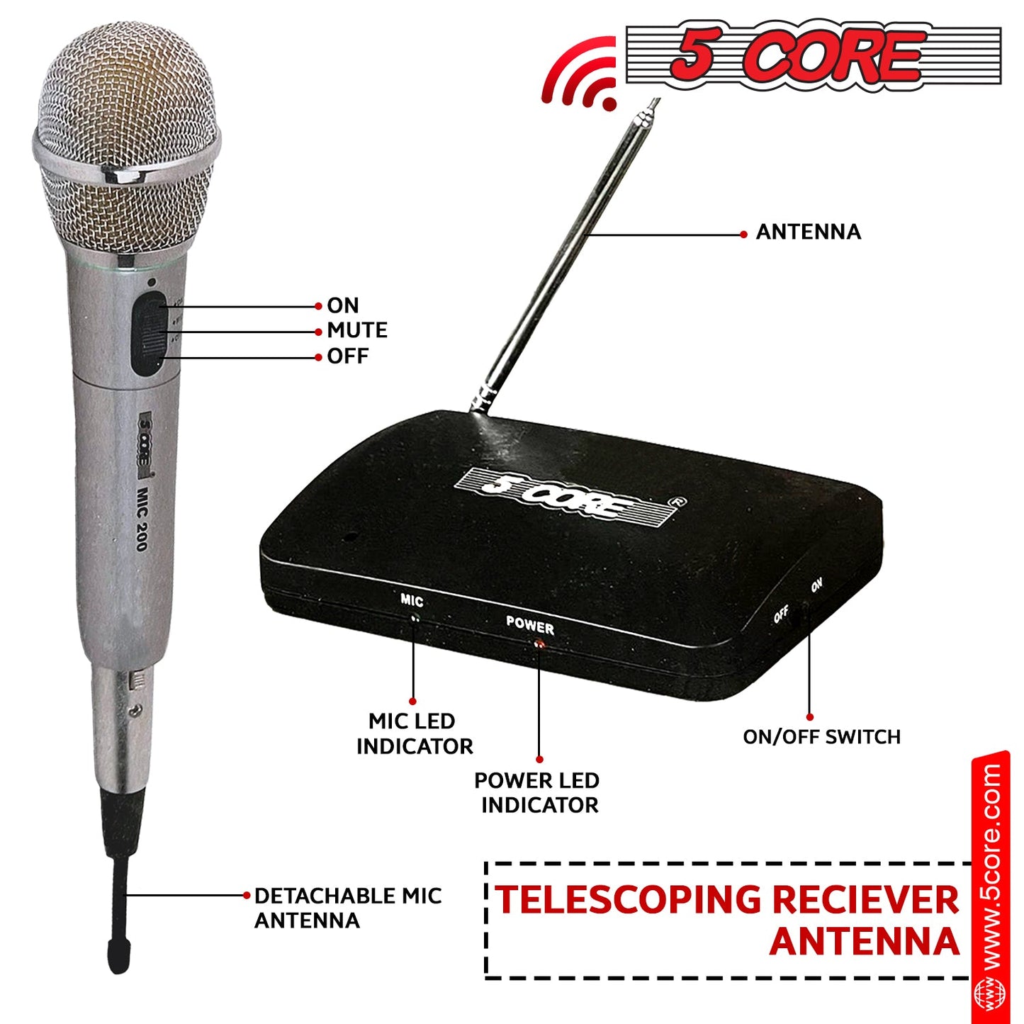 5Core Wireless Microphone System Dual Function Wireless - Wired Microphone Microfono Inalambrico-8