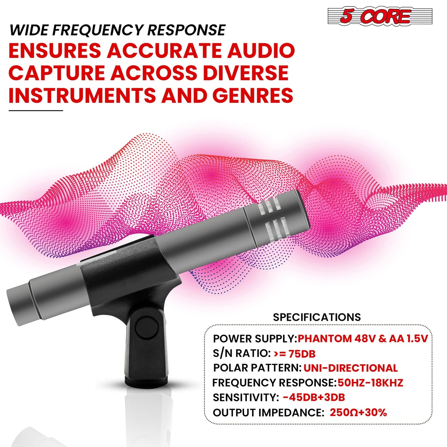 5 Core Instrument Microphone Professional Pencil Condenser XLR Mic w Cardioid Uni Directional Pickup-1