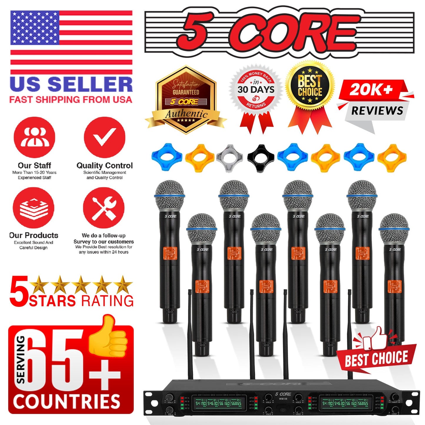 5 Core Wireless Microphone System 8 Channel UHF Portable Receiver w 8 Cordless Dynamic Mic 492F Range-13