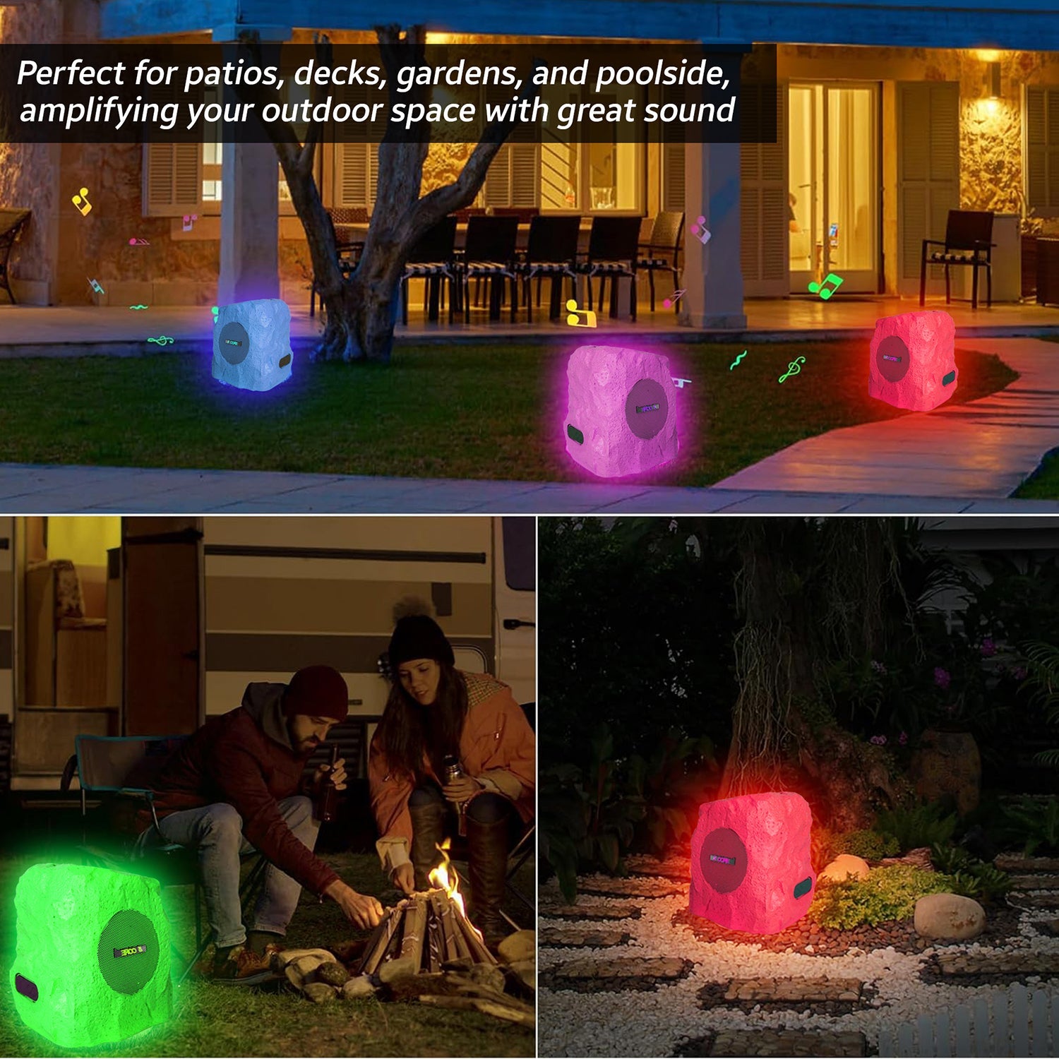 5 Core Outdoor Bluetooth Wireless Rock Speaker TWS Patio Garden Speakers Rechargeable w LED 1/2/4 Pc Brown-9