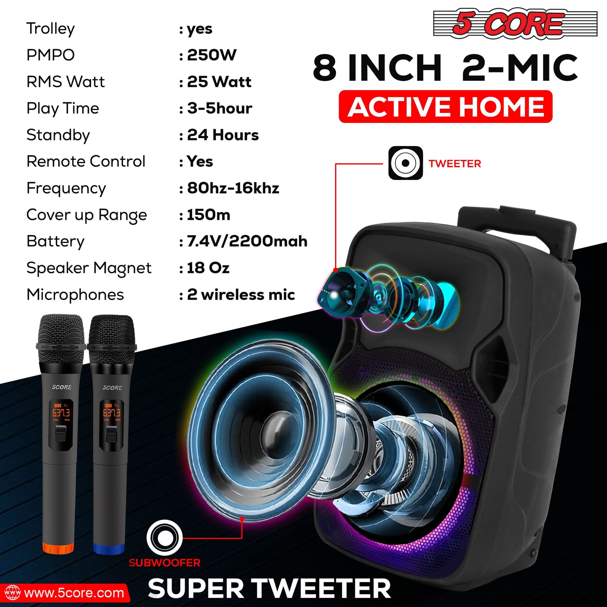 5 Core DJ Speakers 8" Rechargeable Powered PA System 250W Loud Speaker - Active Home 8 2-MIC-5