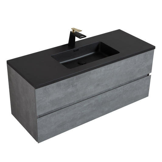 Wall Mounted Single Bathroom Vanity in Ash Gray With Matte Black Solid Surface Vanity Top