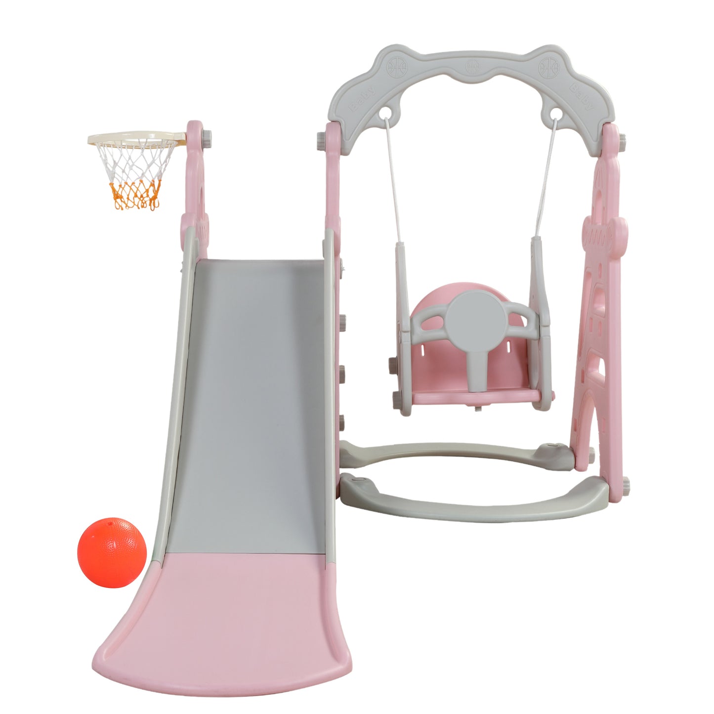 Kids Swing and Slide Set 3-in-1 Slide with Basketball Hoop for Indoor and Outdoor Activity Center, Pink+Gray