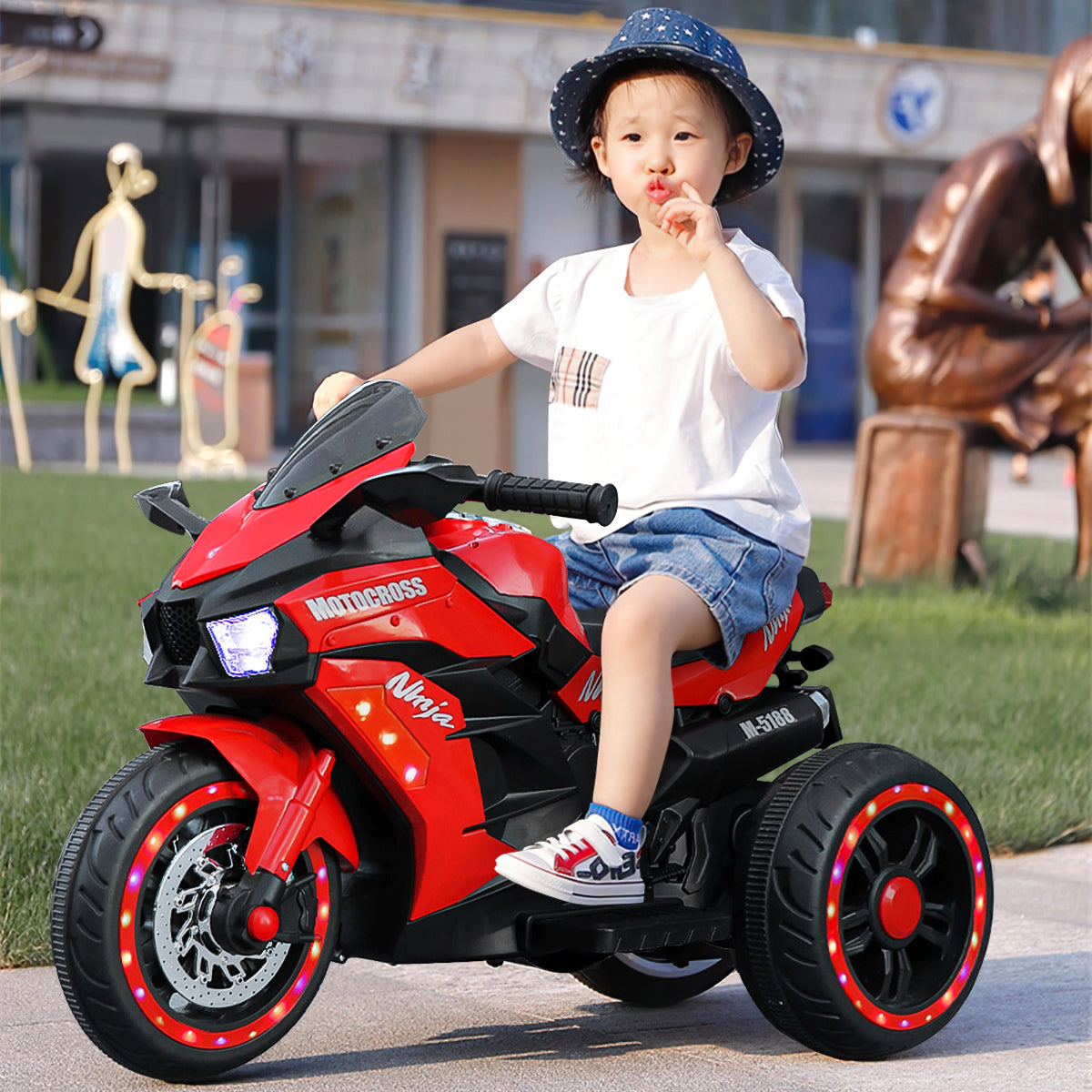 12V Battery Motorcycle, 3 Wheel Motorcycle, Kids Rechargeable Riding Motorized Car - Red