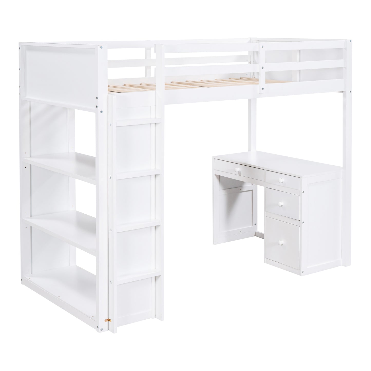 Twin Size Loft Bed with Ladder, Shelves, and Desk, White